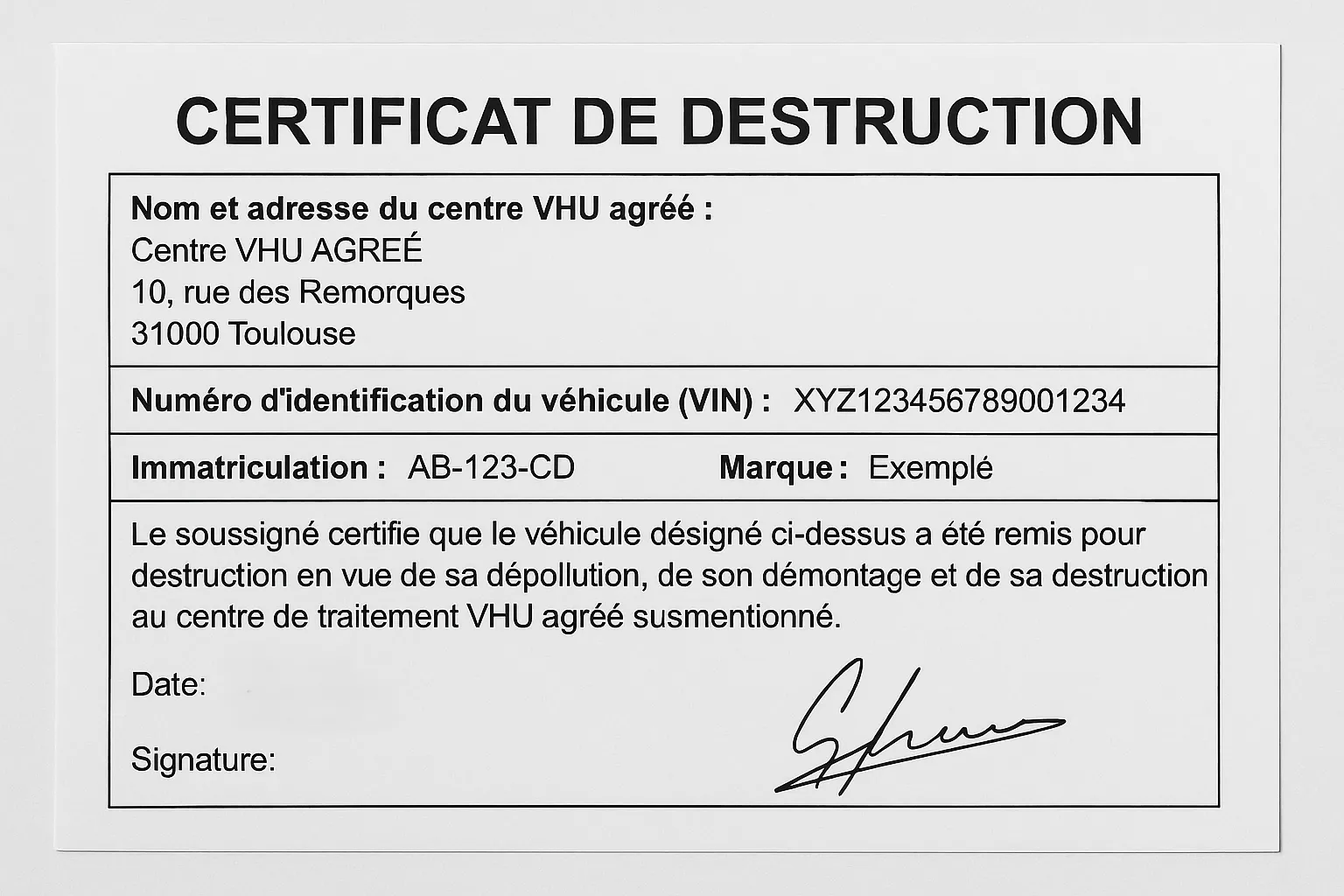 Certificat de destruction véhicule – exemple