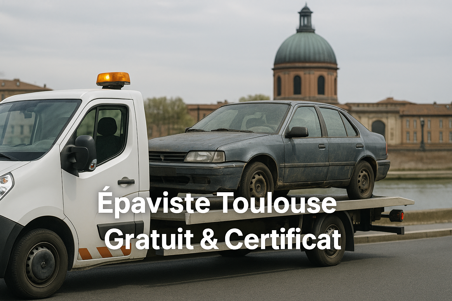 Dépanneuse emportant une épave à Toulouse